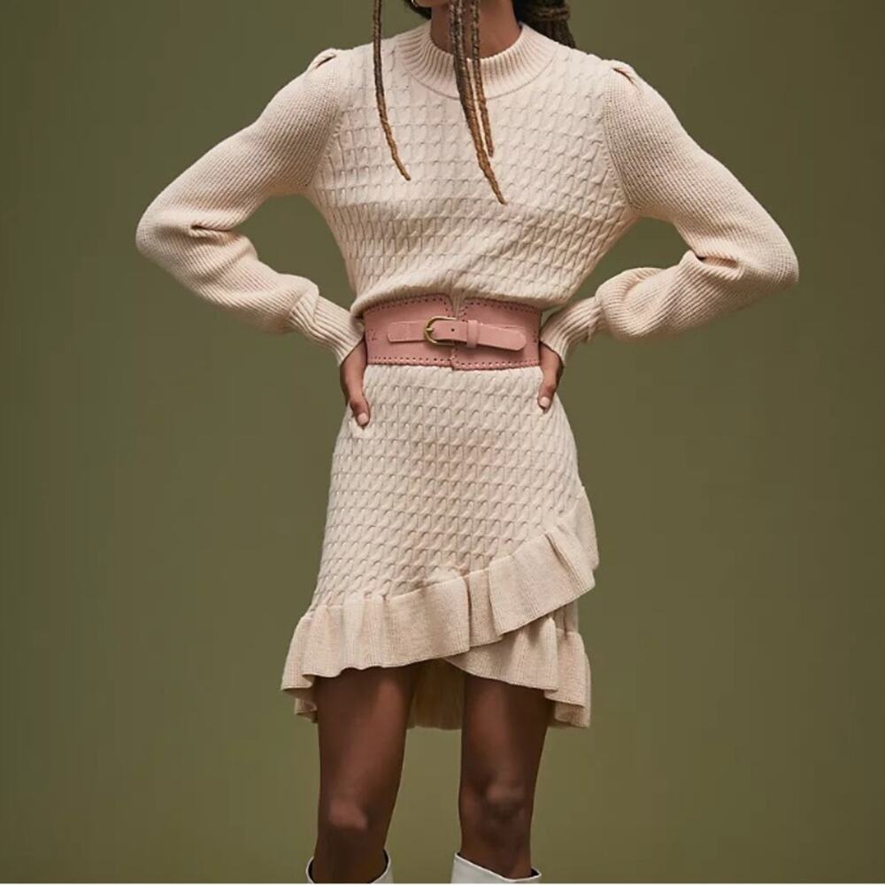 Flat White Anthropologie Tan Cable Ruffle Sweater Dress size XS